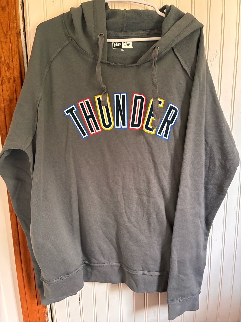 New Era Men’s Gray Crewneck Sweatshirt with Multi-Color THUNDER Logo